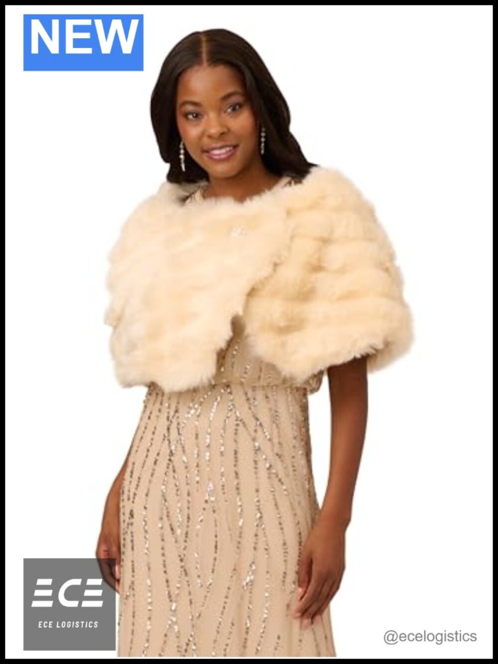 Faux Fur Shawl Coverup Brooch Stone Accent Formal Wrap